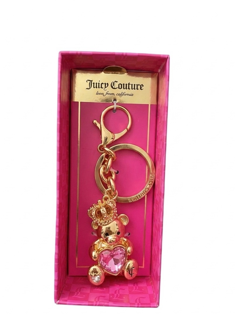 Juicy Couture Gold-Tone Teddy Bear Keychain with Pink Heart
